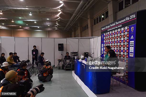 Norio Sasaki head coach of Japan attends a press confernce after the AFC Women's Olympic Final Qualification Round match between Japan and North...
