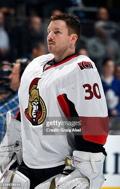 Andrew Hammond of the Ottawa Senators prepares himself prior to the game against the Toronto Maple Leafs on March 5, 2016 at Air Canada Centre in...