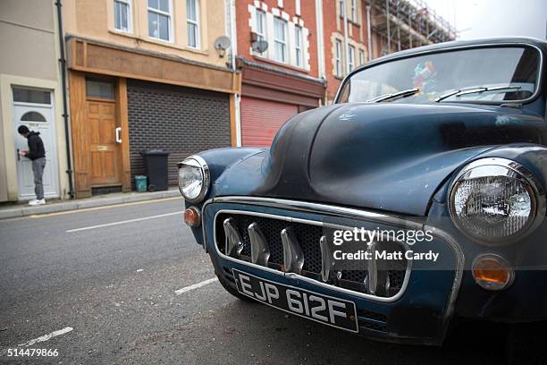 Customised Morris Minor car is parked on a street in Ebbw Vale on March 7, 2016 in Blaenau Gwent, Wales. The West Wales and the Valleys region, which...