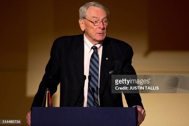 Former President of the World Anti-Doping Agency , Dick Pound speaks at a Tackling Doping in Sport 2016 conference in London on March 9, 2016. -...