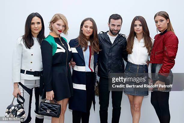 Jennifer Connelly, Lea Seydoux, Alicia Vikander, Stylist Nicolas Ghesquiere, Selena Gomez and Adele Exarchopoulos pose backstage after the Louis...