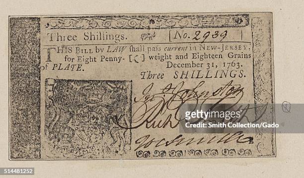 Twelve shilling colonial currency note issued by New Jersey in 1763, the colonies started creating and issuing paper currency due to a lack of coins...