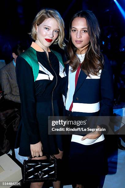 Lea Seydoux and Alicia Vikander attend the Louis Vuitton show as part of the Paris Fashion Week Womenswear Fall/Winter 2016/2017. Held at Louis...