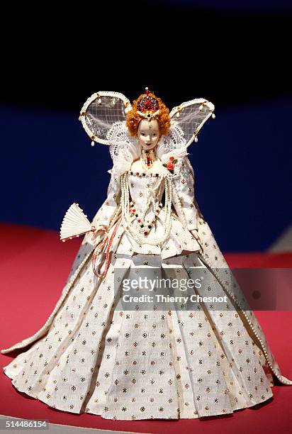 Barbie doll dressed as Queen Elizabeth I is displayed during the exhibition "Barbie, life of an icon" at the Museum of Decorative Arts as part of the...