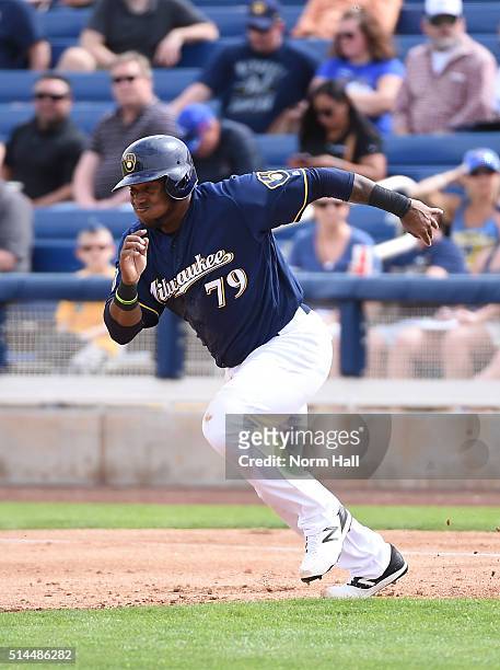 Rymer Liriano of the Milwaukee Brewers runs from first to second base against the San Diego Padres at Maryvale Baseball Park on March 7, 2016 in...