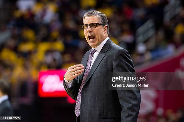 Head coach Randy Wittman of the Washington Wizards yells to his team during the first half against the Cleveland Cavaliers at Quicken Loans Arena on...