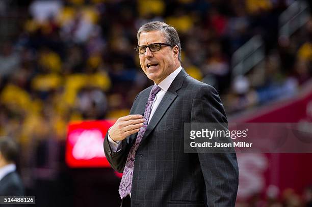 Head coach Randy Wittman of the Washington Wizards yells to his team during the first half against the Cleveland Cavaliers at Quicken Loans Arena on...