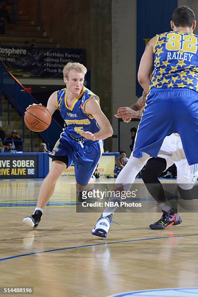 Ty Greene of the Delaware 87ers dribbles the ball against the Iowa Energy on March 4, 2016 at the Bob Carpenter Center in Newark, Delaware. NOTE TO...