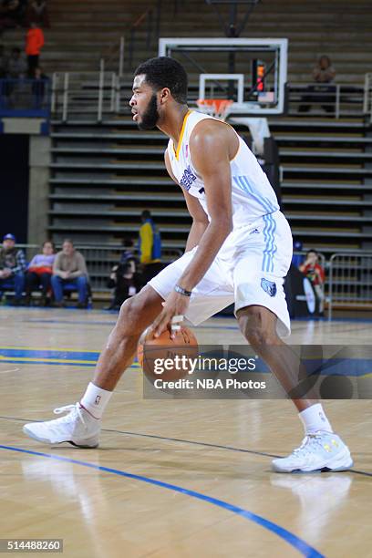 Andrew Harrison of the Iowa Energy dribbles the ball against the Delaware 87ers on March 4, 2016 at the Bob Carpenter Center in Newark, Delaware....