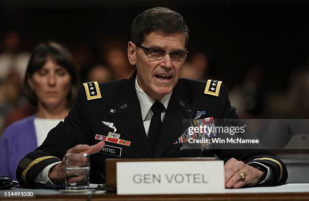 Army Gen. Joseph Votel, nominee to be the next commander of the U.S. Central Command, testifies before the Senate Armed Services Committee March 9,...