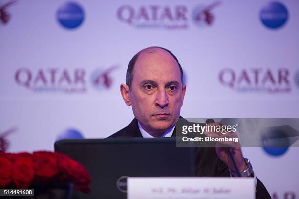 Akbar Al Baker, chief executive officer of Qatar Airways Ltd., pauses during a news conference at the ITB travel trade show in Berlin, Germany, on...