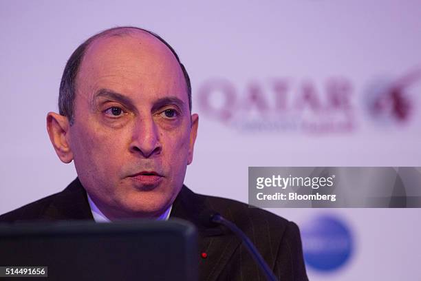 Akbar Al Baker, chief executive officer of Qatar Airways Ltd., speaks during a news conference at the ITB travel trade show in Berlin, Germany, on...