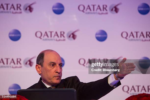 Akbar Al Baker, chief executive officer of Qatar Airways Ltd., gestures during a news conference at the ITB travel trade show in Berlin, Germany, on...