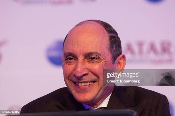 Akbar Al Baker, chief executive officer of Qatar Airways Ltd., reacts during a news conference at the ITB travel trade show in Berlin, Germany, on...