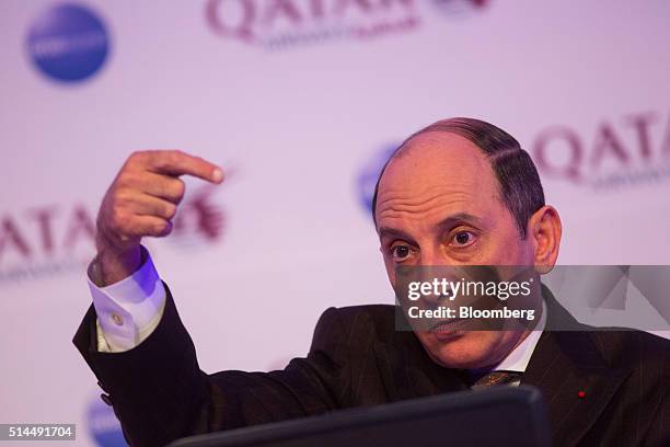 Akbar Al Baker, chief executive officer of Qatar Airways Ltd., gestures during a news conference at the ITB travel trade show in Berlin, Germany, on...