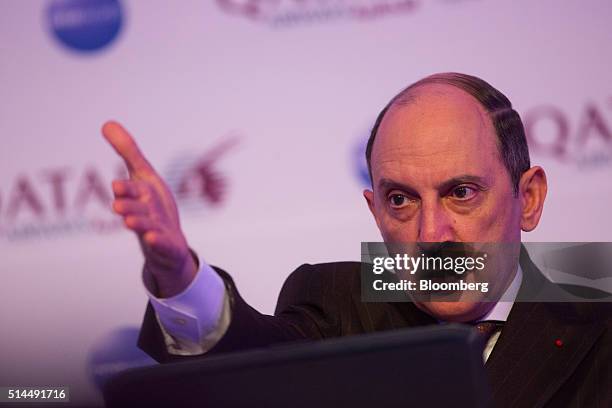 Akbar Al Baker, chief executive officer of Qatar Airways Ltd., gestures as he speaks during a news conference at the ITB travel trade show in Berlin,...