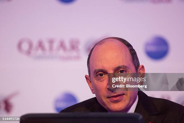Akbar Al Baker, chief executive officer of Qatar Airways Ltd., looks on during a news conference at the ITB travel trade show in Berlin, Germany, on...