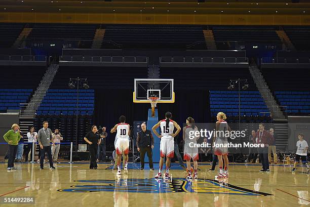 Sue Bird, Tamika Catchings, Candace Parker and Elena Delle Donne demonstrate during the 2016 Team USA Media Summit at UCLA's Pauley Pavilion on March...