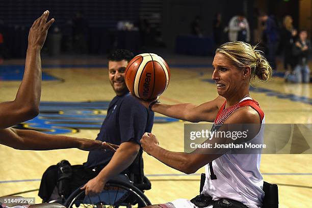 Elena Delle Donne participate in a wheelchair basketball demonstration during the 2016 Team USA Media Summit at UCLA's Pauley Pavilion on March 8,...