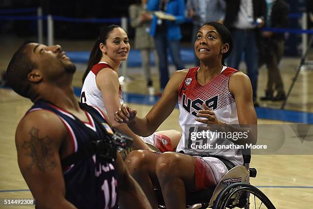 Candice Parker participates in a wheelchair basketball demonstration during the 2016 Team USA Media Summit at UCLA's Pauley Pavilion on March 8, 2016...