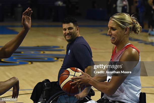 Elena Delle Donne participate in a wheelchair basketball demonstration during the 2016 Team USA Media Summit at UCLA's Pauley Pavilion on March 8,...