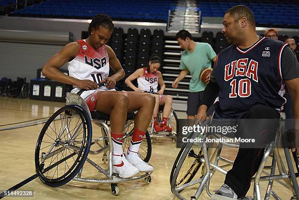 Tamika Catchings participates in a wheelchair basketball demonstration during the 2016 Team USA Media Summit at UCLA's Pauley Pavilion on March 8,...