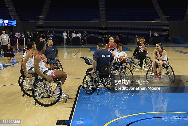 General view of the wheelchair basketball demonstration during the 2016 Team USA Media Summit at UCLA's Pauley Pavilion on March 8, 2016 in Westwood,...