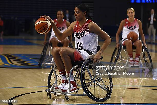 Candice Parker participates in a wheelchair basketball demonstration during the 2016 Team USA Media Summit at UCLA's Pauley Pavilion on March 8, 2016...