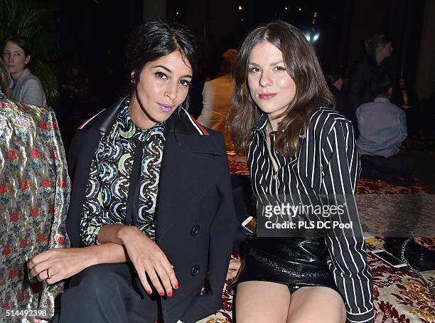 Leila Bekthi and Morgane Polanski attend the Miu Miu show as part of the Paris Fashion Week Womenswear Fall / Winter 2016 on March 9, 2016 in Paris,...