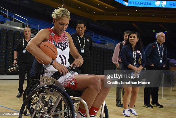 Elena Della Donne participates in a wheelchair basketball demonstration during the 2016 Team USA Media Summit at UCLA's Pauley Pavilion on March 8,...