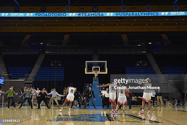 Sue Bird, Tamika Catchings, Candace Parker and Elena Delle Donne demonstrate during the 2016 Team USA Media Summit at UCLA's Pauley Pavilion on March...