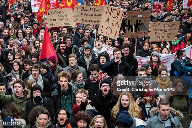Protestors demonstrate against labour reforms on March 9, 2016 in Paris, France. More than 400,000 young people and unions across France, joined...