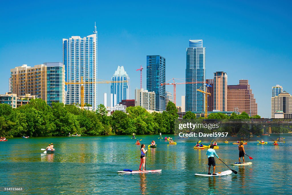 Austin skyline and people having fun