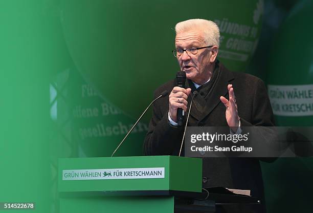 Winfried Kretschmann, incumbent governor of Baden-Wuerttemberg and member of the German Greens Party , speaks to supporters at a Baden-Wuerttemberg...