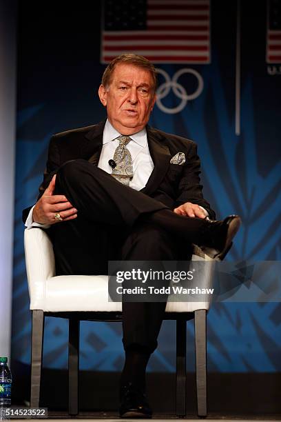 Jerry Colangelo, Director of USA Basketball, addresses the media at the USOC Olympic Media Summit at The Beverly Hilton Hotel on March 9, 2016 in...