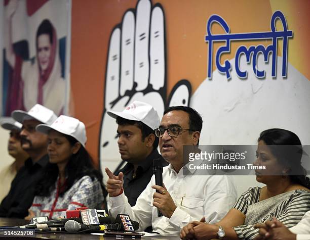 President and former Union Minister Ajay Maken with Congress spokesperson Sharmistha Mukherjee and members of Fight for RERA addresses media person...