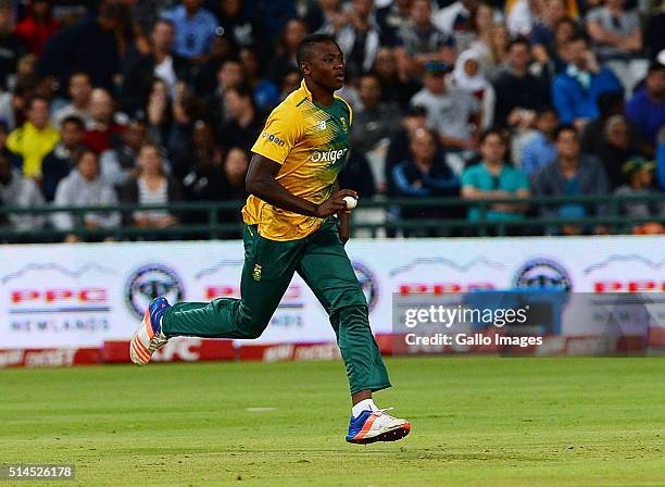 Kagiso Rabada of South Africa in action during the 3rd KFC T20 International match between South Africa and Australia at PPC Newlands on March 09,...