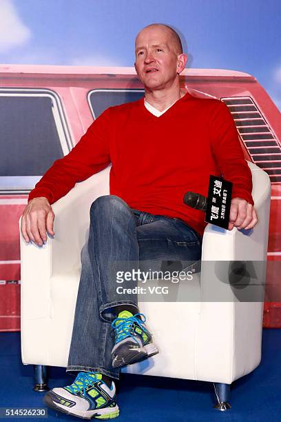 British skier Michael Edwards, better known as Eddie "The Eagle" Edwards attends a press conference of new movie "Eddie the Eagle" directed by...