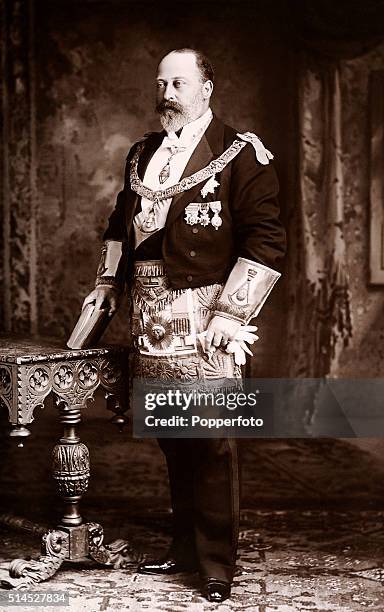 King Edward VII of Great Britain in the regalia of a Freemason, circa 1908.