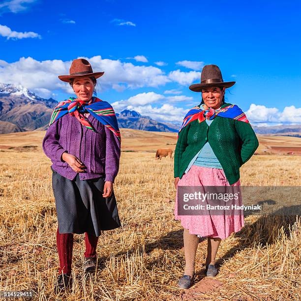 peruvian women crossing field, andes on background - cordigliera delle ande foto e immagini stock