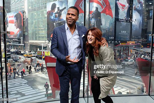 Calloway interviews Meghan Trainor during her visit to "Extra" at their New York studios at H&M in Times Square on March 9, 2016 in New York City.