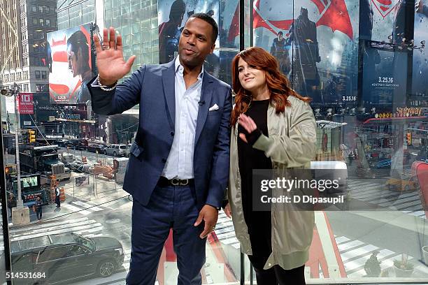 Calloway interviews Meghan Trainor during her visit to "Extra" at their New York studios at H&M in Times Square on March 9, 2016 in New York City.