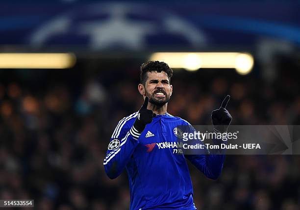 Diego Costa of Chelsea celebrates his goal during the UEFA Champions League round of 16 second leg match between Chelsea FC and Paris Saint-Germain...