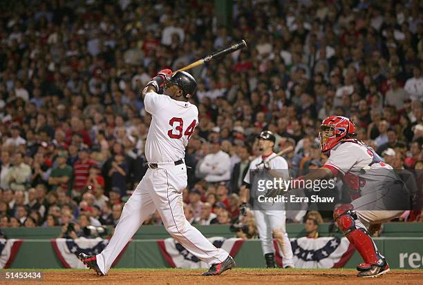 David Ortiz of the Boston Red Sox hits the game winning homerun to defeat the Anaheim Angels 8-6 in the 10th inning of Game 3 of the American League...