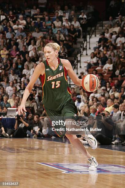 Lauren Jackson of the Seattle Storm drives against the Connecticut Sun during Game 1 of the 2004 WNBA Finals on October 8, 2004 at Mohegan Sun Arena...