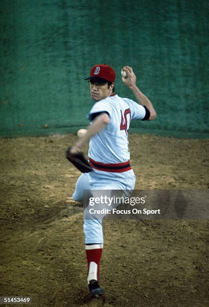 Rick Wise of the Boston Red Sox pitches against the Cincinnati Reds during the World Series at Fenway Park in Boston, Massachusetts in October of...
