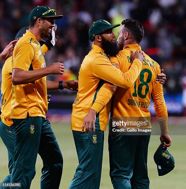 Faf du Plessis of South Africa celebrates after taking a catch to dismiss Shane Watson of Australia during the 3rd KFC T20 International match...