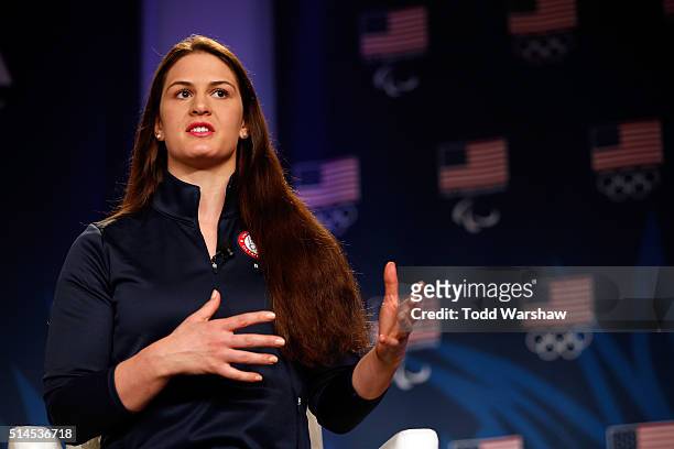Wrestler Adeline Gray addresses the media at the USOC Olympic Media Summit at The Beverly Hilton Hotel on March 9, 2016 in Beverly Hills, California.