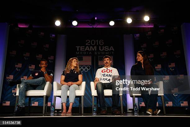 Wrestlers Jordan Burroughs, Helen Maroulis, Andy Bisek and Adeline Gray address the media at the USOC Olympic Media Summit at The Beverly Hilton...