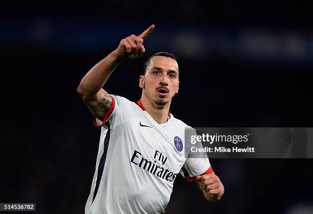 Zlatan Ibrahimovic of PSG celebrates after scoring his team's second goal during the UEFA Champions League round of 16, second leg match between...